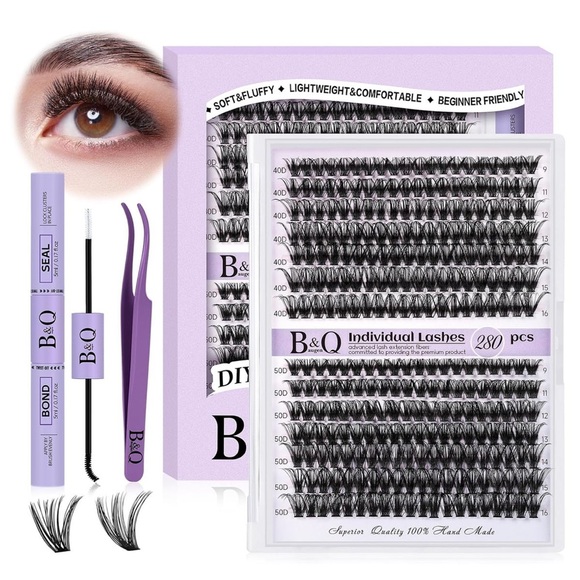 Other - DIY Lash Extension Kit 280pc 40D 50D Clusters D Curl Bond Seal Tweezers NEW